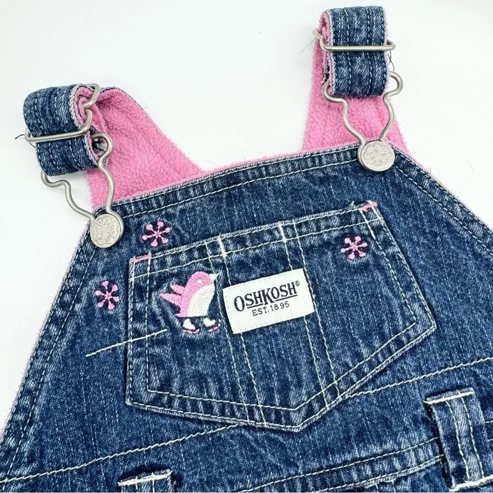 Vintage‎ OshKosh Snowflake and Penquin Embroidered Denim Overall Skirt Size 6-9